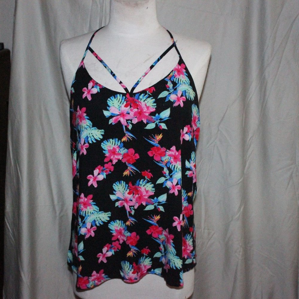 Sleeveless Blouse Black w/ pink & Blue Floral szL